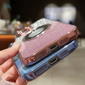 Glitter magsafe phone case bottom detail view, electroplated TPU finish, precise port cutouts.