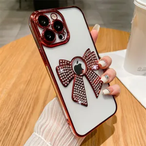 Gegalvaniseerde telefoonhoes met strass strik voor iPhone luxe fonkelend kristal design.