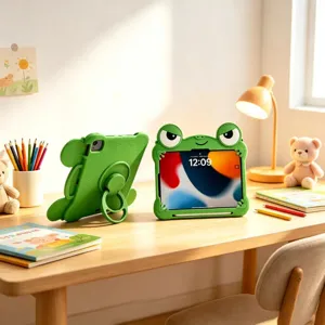 Vista dettagliata della custodia per tablet iPad rana verde simpatico silicone cover.