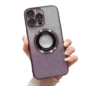 Gradient glitter MagSafe phone case for iPhone with full lens protection and metal ring.