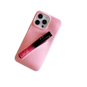 Pink silicone phone case with built-in lipstick holder for iPhone soft protective cover