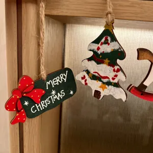 Wooden Christmas tree hanging ornament decorative sign with string for holiday party.