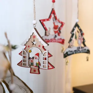 Christmas wooden hollow hanging ornaments with Santa reindeer tree decor for holiday party.
