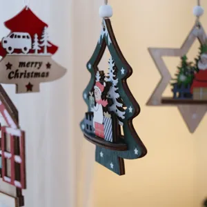 Christmas wooden hollow hanging ornaments set, festive tree snowman pendant decor for holiday party.