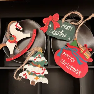 Christmas wooden hanging ornaments set, festive tree rocking horse pendants for holiday party decor.