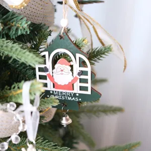 Christmas wooden hanging ornament featuring Santa Claus and bell for tree holiday decor.