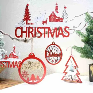 Christmas red wooden hanging tag ornaments DIY minimalist style tree holiday party decor props