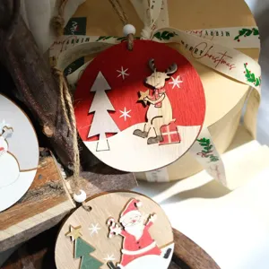 Wooden Christmas tree hanging ornament detail featuring cute reindeer and Santa.
