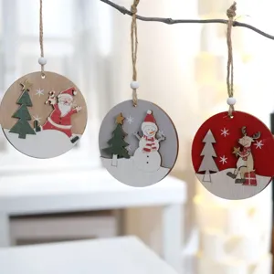Christmas wooden hanging ornaments set, round slice with Santa snowman reindeer design.