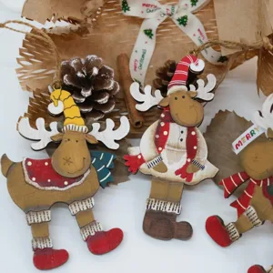 Retro wooden reindeer Christmas hanging ornaments for holiday home and window decor.