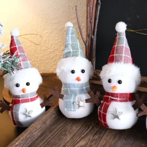 Plaid foam snowman Christmas tree desktop decoration and holiday hanging ornament detail view
