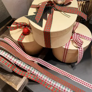 Christmas plaid ribbon and round gift boxes set for DIY holiday wrapping and bouquet decor.