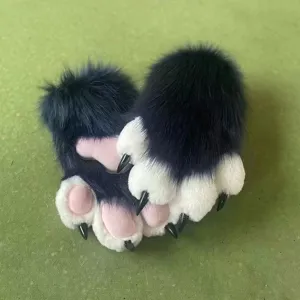 Plush furry animal paws gloves with pink paw pads and black claws for cosplay and dress up.