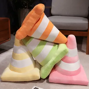 Colorful traffic cone plush pillow set, soft creative road barrier cushion for home decor.