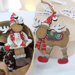 Wooden Christmas reindeer hanging ornaments retro distressed holiday decor for home window.
