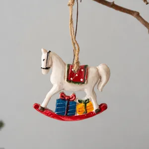 Christmas resin rocking horse hanging ornament, vintage style tree decoration pendant, detail view.