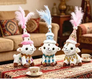 Xinjiang ethnic style plush sheep toy with feathered hat and jeweled collar, cute gift