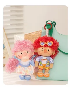 Cute curly hair plush doll pendant keychain, soft stuffed toy bag accessory for girls gift.