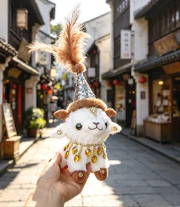 Cute ethnic style plush sheep toy pendant with feather hat and rhinestones, soft doll gift.