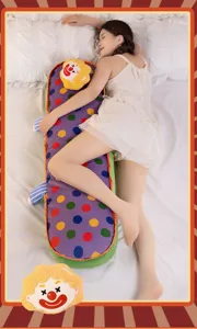 Cute clown long body pillow for bed, soft plush sleeping bolster cushion with colorful dots design.