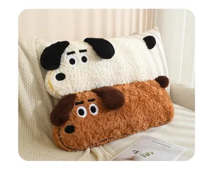Detailed view of cute puppy long plush body pillow set, soft furry texture for couch and bed.