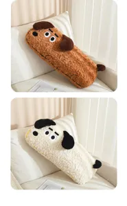 Cute plush dog long pillow details, soft fluffy fabric, cozy sofa cushion and sleeping companion.