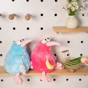 Detailed view of colorful kiwi bird plush toys sitting on a wooden shelf, fluffy texture.