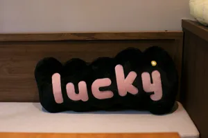 Close-up detail of the lucky letter plush pillow, soft textured surface and cozy design.