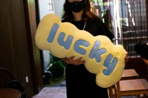 Nordic lucky letter plush throw pillow, soft yellow long bolster cushion for sofa and bed