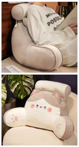 Close-up of cute cat latex lumbar pillow, soft plush backrest cushion with removable cover.