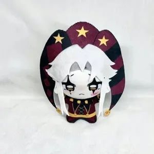 Detailed view of a 10cm cute circus clown plush doll with a star hat and soft fabric.