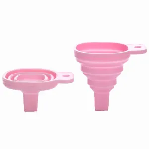 Rosa klappbarer Silikon Trichter Set, tragbarer Mini Trichter für Küchenöl und Flüssigkeiten.