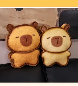 Cute toast capybara plush pillow detail, soft bread doll decoration, cozy home decor toy.