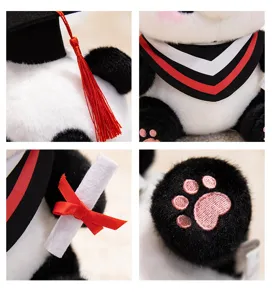 Close-up details of graduation panda plush toy, showing cap, scarf, scroll and paw pad.