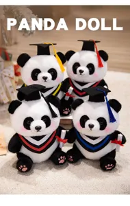 Cute graduation panda doll detail showing soft plush texture, mortarboard cap with tassel.