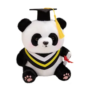 Graduation panda plush toy wearing doctor hat and holding diploma scroll for gift.