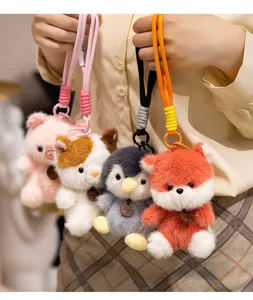 Cute animal plush keychain pendant set with wrist strap, soft cartoon doll toy gift for girls.
