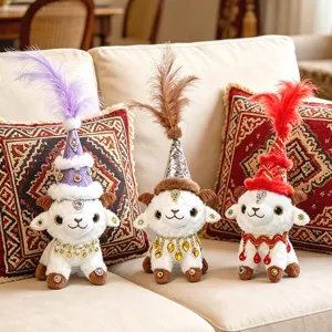 Xinjiang Ethnic Plush Sheep Doll Stuffed Animal Toy With Feather Hat Rhinestone Jewelry Cultural Creative Gift Pendant