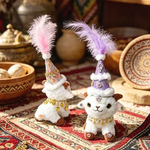 Ethnic style plush sheep doll cute fluffy animal toy with feather hat and sparkling rhinestone charm