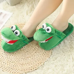 Lindas zapatillas de felpa de dinosaurio verde divertidos zapatos de invierno de dibujos animados