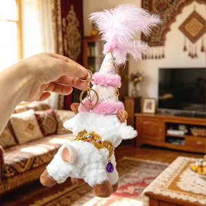 Cute plush sheep keychain with pink feather hat ethnic style pendant bag charm accessory