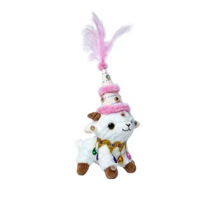 Cute white plush lamb doll with feathered hat and gemstone collar, soft stuffed animal gift.