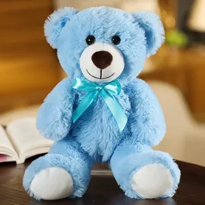 Simpatico orsacchiotto di peluche blu con fiocco, morbida bambola di peluche cuscino regalo.