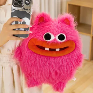 Fluffy pink monster plush pillow with funny big red lips, soft stuffed doll gift kids.