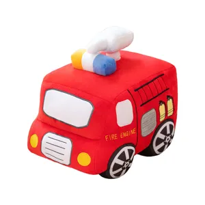 Schattige cartoon brandweerauto pluche speelgoed zacht kussen voor jongens, comfortabel kussen.