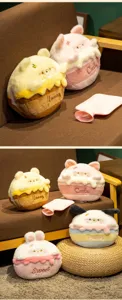 Detailed view of cute cartoon animal cake plush hand warmer pillow set, soft fabric.