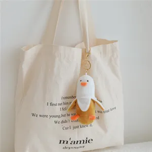 Cute banana duck plush toy keychain, soft stuffed doll hanging pendant for bags and keys.