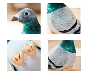 Close-up detail shot of cute simulation pigeon plush toy, soft feather texture and cute feet.