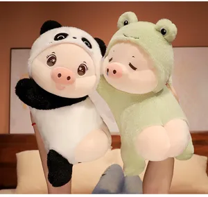 Tierno peluche de cerdo con disfraz de panda y rana, suave almohada de peluche para niños.