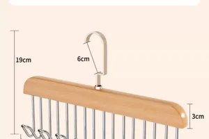 Detail view of wooden tank top hanger with metal multi-hooks, showing precise dimensions.